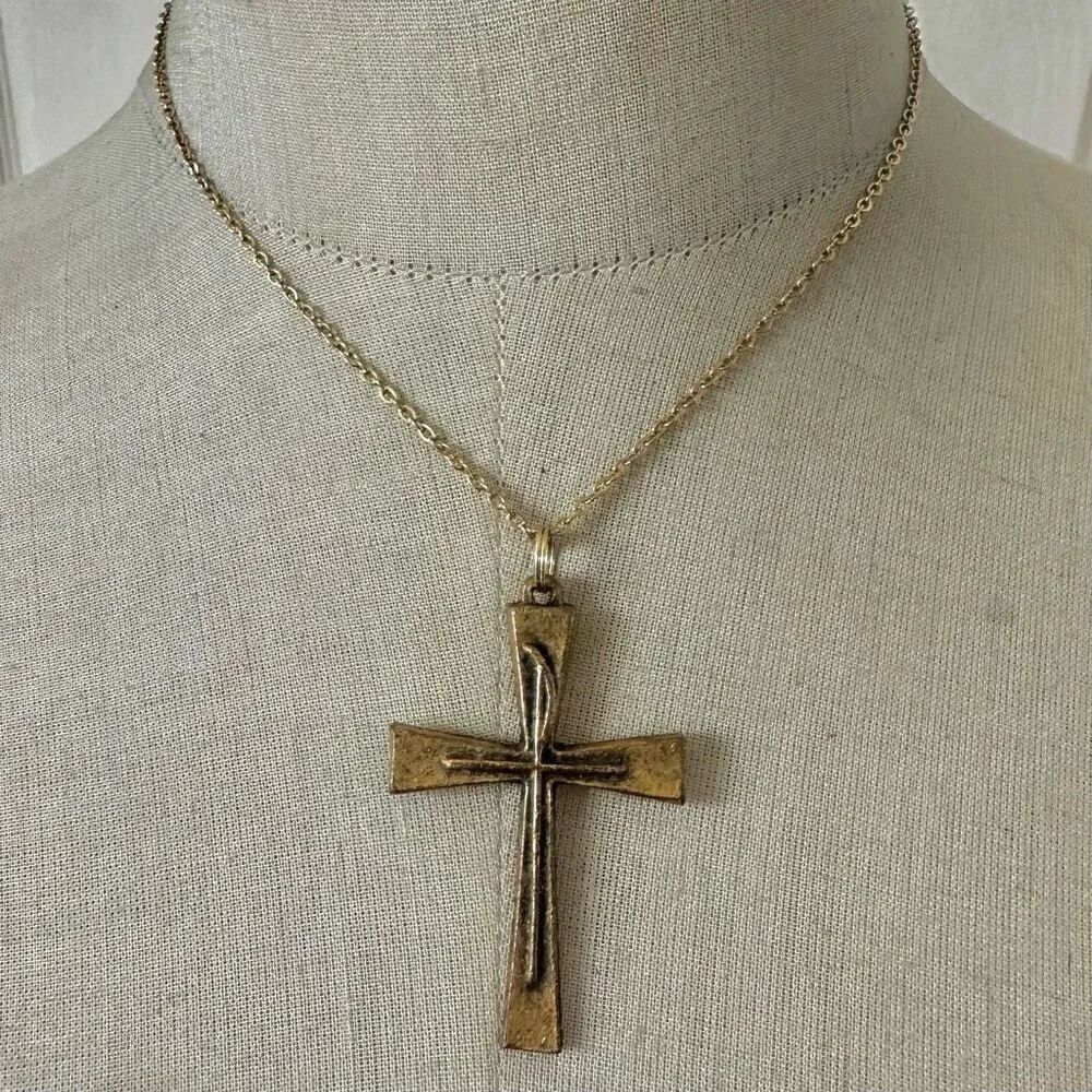 Vintage Gold-Tone Textured Cross Pendant Necklace
